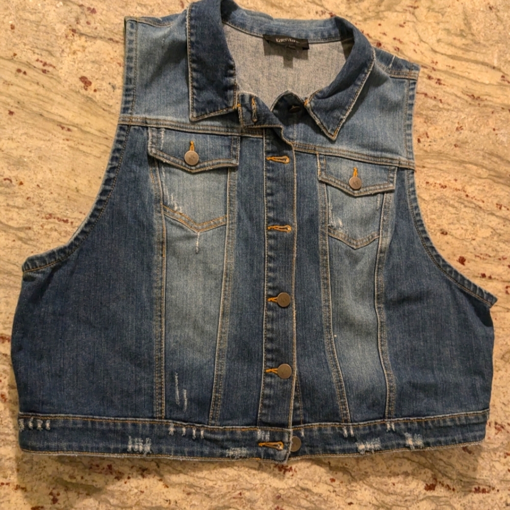 Country Western Karen Kane Sleeveless Blue Jean Vest Size 2X Distressed Denim